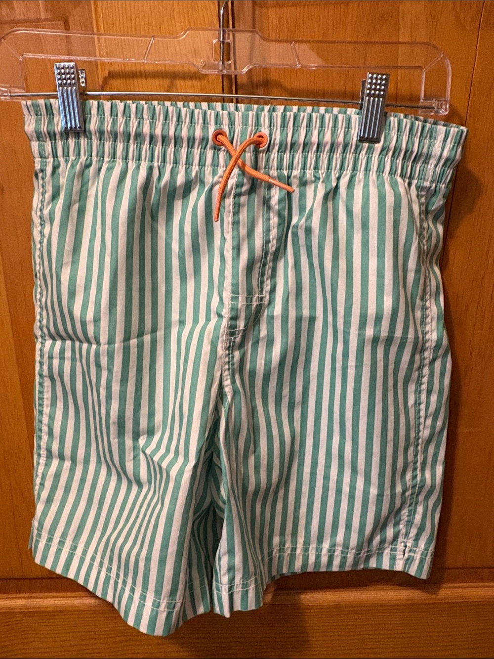 Old Navy Boys White and Teal Striped Swim Trunks with Orange Drawstring